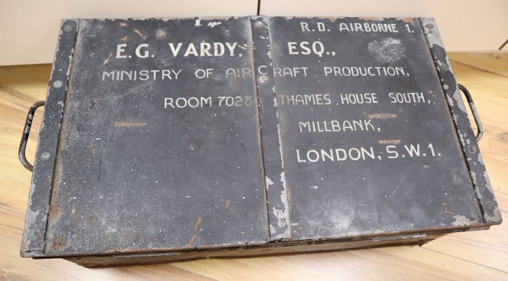 An RAF ensign flag, probably WWII and an Air Ministry metal trunk dated 1943